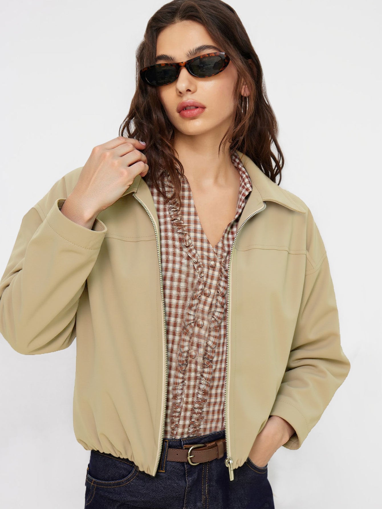 Khaki Cropped Utility Jacket for Women, Convertible Stand Collar Zip Up Long Sleeve Spring Fall Coat