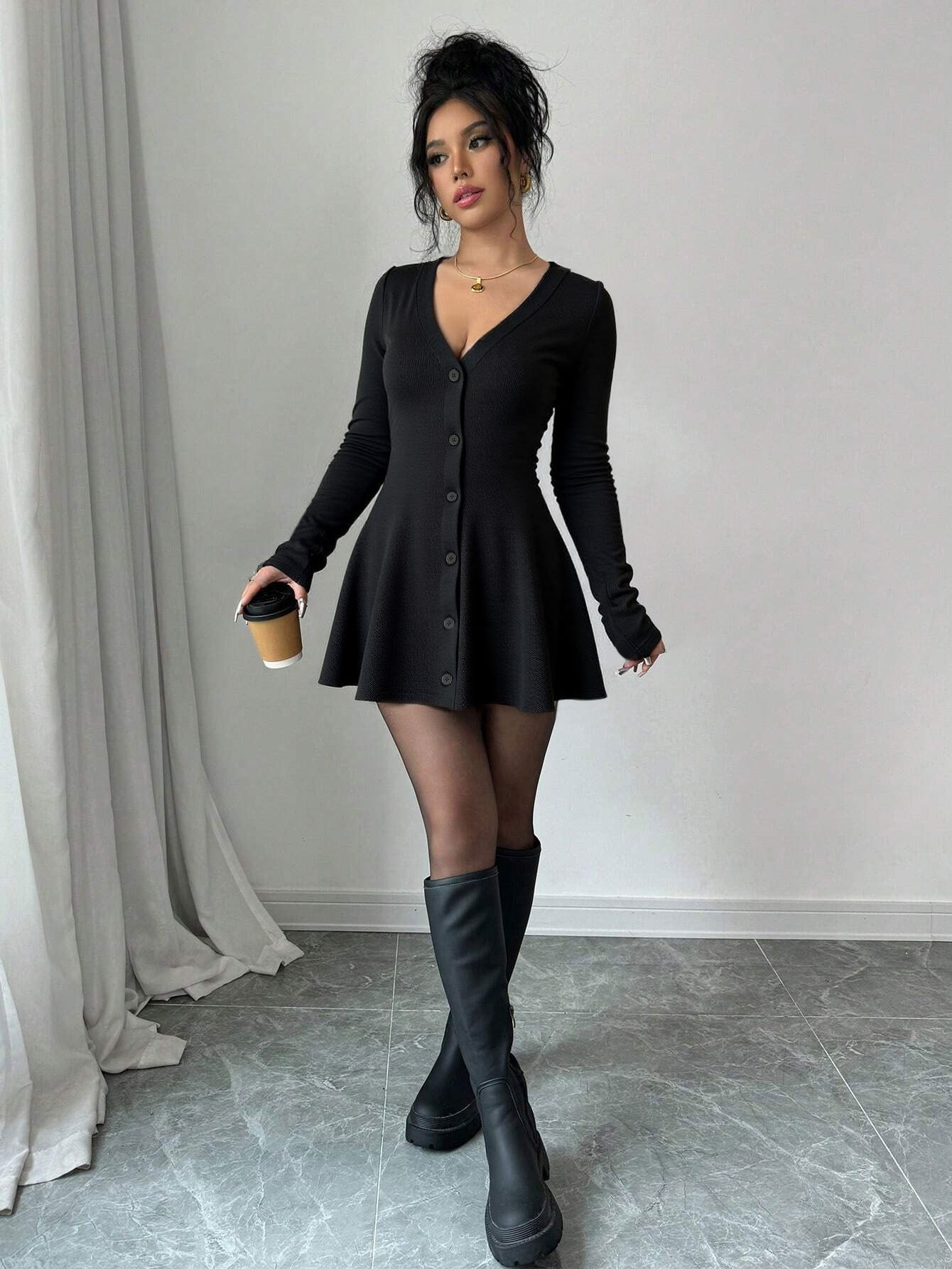 Deep V-Neck Bouffant Hem Dress for Women, Chanel style Knit Long Sleeve Solid Color Mini Dress with Waist Tucking
