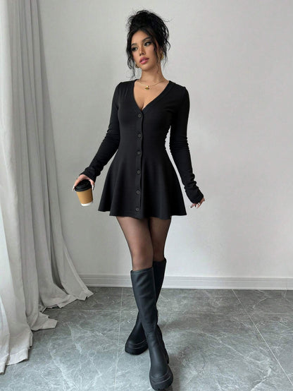 Deep V-Neck Bouffant Hem Dress for Women, Chanel style Knit Long Sleeve Solid Color Mini Dress with Waist Tucking