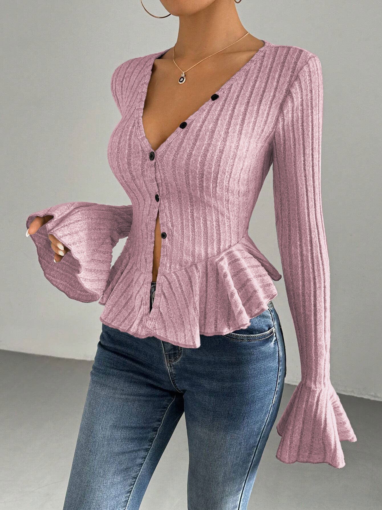 V-Neck Ruffle Blouse for Women, Fall Winter Elegant Long Sleeve Bell Sleeve Slim Fit Fleece Top