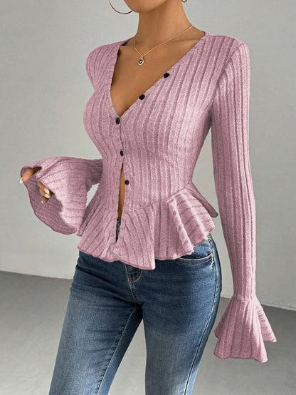 V-Neck Ruffle Blouse for Women, Fall Winter Elegant Long Sleeve Bell Sleeve Slim Fit Fleece Top
