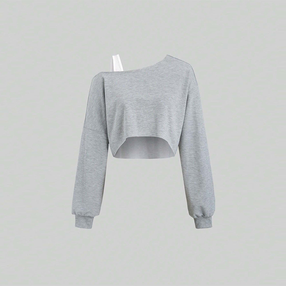Asymmetric Off Shoulder Top for Women, Sporty Long Sleeve Cropped T-Shirt Slash Neck Blouse