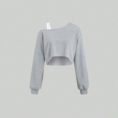 Asymmetric Off Shoulder Top for Women, Sporty Long Sleeve Cropped T-Shirt Slash Neck Blouse