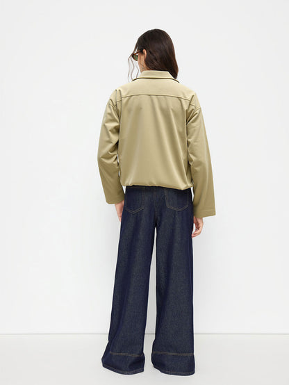 Khaki Cropped Utility Jacket for Women, Convertible Stand Collar Zip Up Long Sleeve Spring Fall Coat