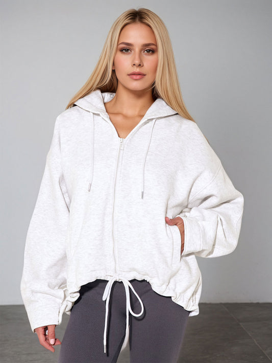 Women's Casual Hooded Zip-Up Knit Sweatshirt, Solid Color Loose Fit Pullover Jacket