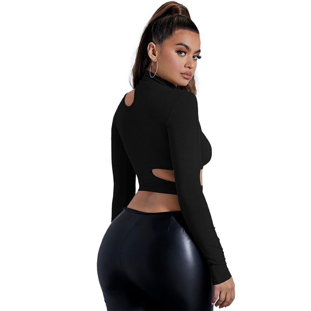 Black Mock Neck Bodycon Top for Women, Sexy Long Sleeve Cropped T-Shirt with Cut Out Detail