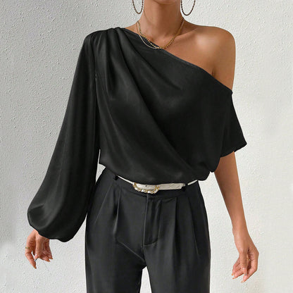 Off Shoulder Slash Neck Pullover Top, Asymmetric Long Short Sleeve Loose Fit Sexy Blouse