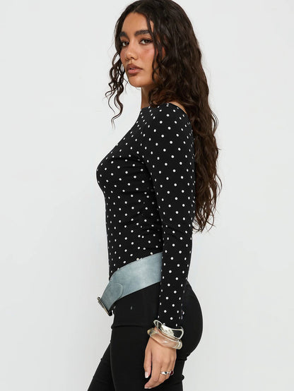 Black White Polka Dot Backless Top for Women, Long Sleeve Slim Fit T Shirt Square Neck Versatile Layering Blouse
