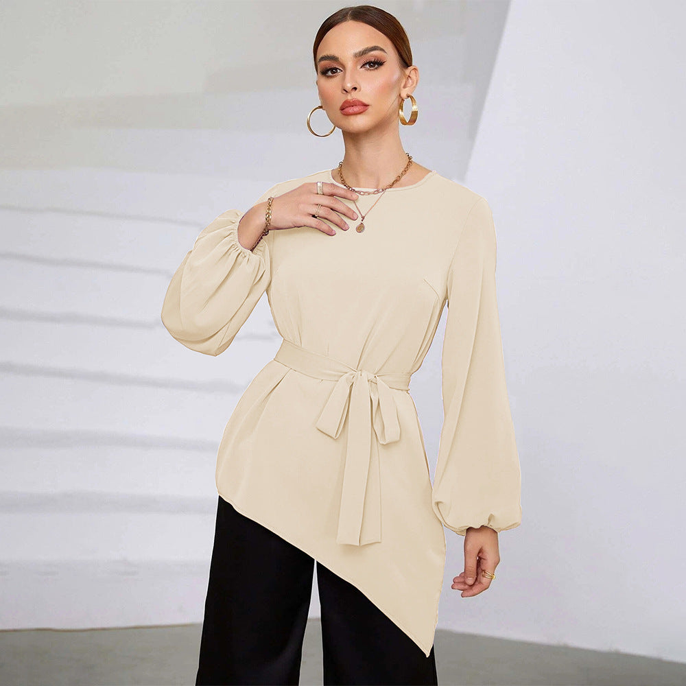 Mid-Length Women's Shirt, Round Neck Puff Sleeve Asymmetrical Hem Blouse with Waist Tucking Design