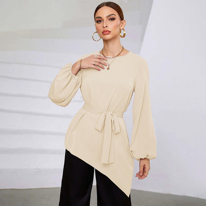 Mid-Length Women's Shirt, Round Neck Puff Sleeve Asymmetrical Hem Blouse with Waist Tucking Design