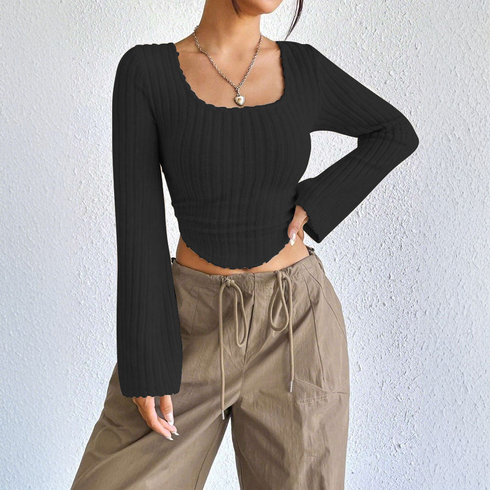 Wide Rib Square Neck Blouse for Women, Bell Sleeve Cropped Top with Asymmetric Hem Elegant Casual T-Shirt