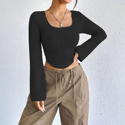 Wide Rib Square Neck Blouse for Women, Bell Sleeve Cropped Top with Asymmetric Hem Elegant Casual T-Shirt