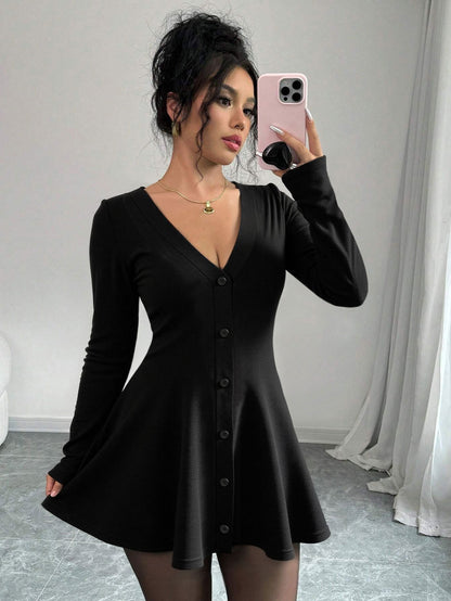 Deep V-Neck Bouffant Hem Dress for Women, Chanel style Knit Long Sleeve Solid Color Mini Dress with Waist Tucking