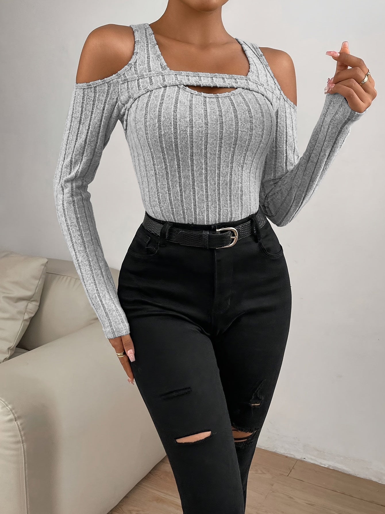 Wide Rib Off Shoulder Top for Women, Long Sleeve Slim Fit T Shirt Double Layer Neck Blouse