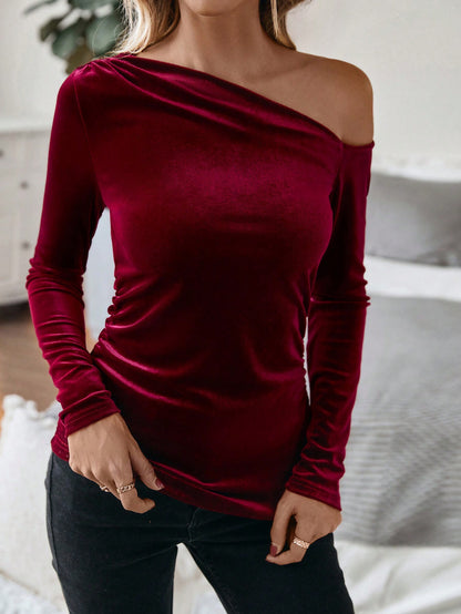 Off Shoulder Velvet Blouse for Women, Slash Neck Slim Fit Solid Color Long Sleeve Party Top