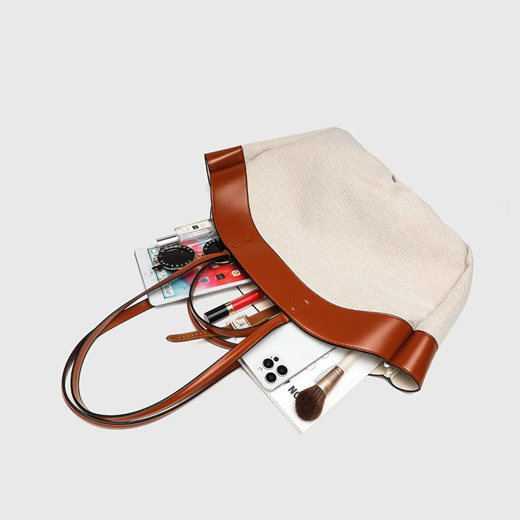 Linen Hobo Bag - Patchwork Large Capacity Tote for Work, Open Top Shoulder Bag with Handles