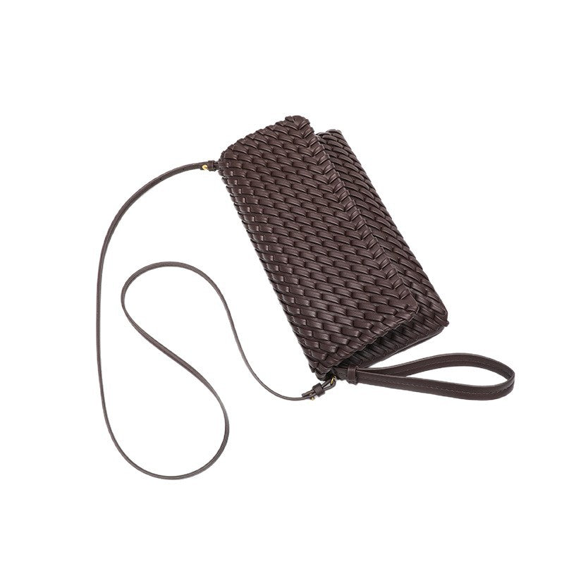 Retro Woven Shoulder Bag - Magnetic Closure Flap PU Purse, Square Horizontal Ladies Handbag with Strap