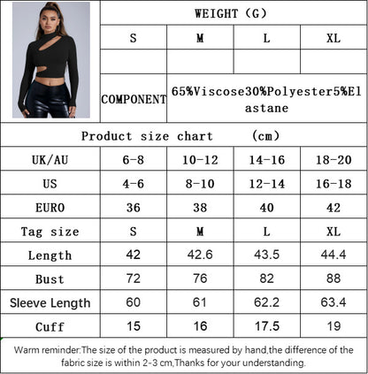 Black Mock Neck Bodycon Top for Women, Sexy Long Sleeve Cropped T-Shirt with Cut Out Detail