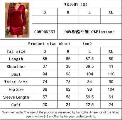 Burgundy Velvet Bodycon Dress for Women, V-Neck Long Sleeve Sexy Party Short Skirt