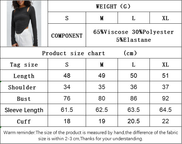 Ribbed Knit Asymmetry Top for Women, Round Neck Long Sleeve Sexy Slim Fit Solid Color Blouse