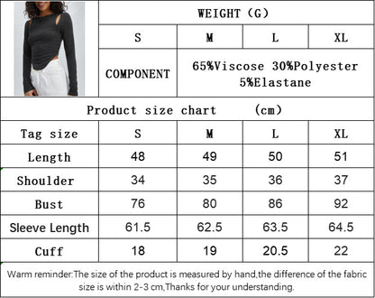 Ribbed Knit Asymmetry Top for Women, Round Neck Long Sleeve Sexy Slim Fit Solid Color Blouse