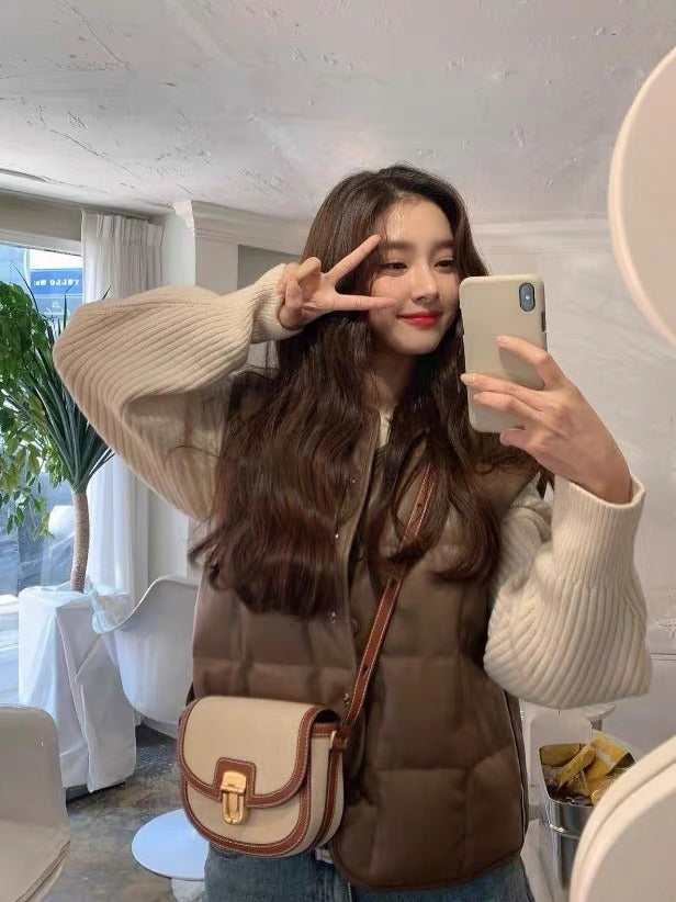 Korean Style Vintage Saddle Bag - Color Block PU Crossbody Bag with Lock, Adjustable Underarm Purse