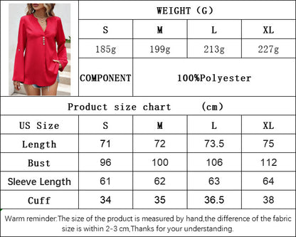 Red V-Neck Pullover Blouse for Women, Sexy Long Sleeve Loose Fit Office Shirt