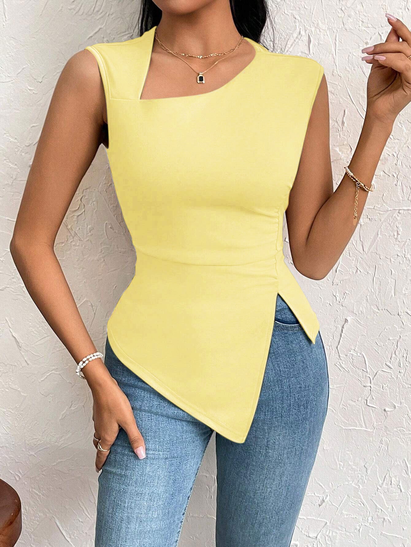 Elegant Sleeveless T-Shirt for Women, Asymmetric Hem Slim Fit Cropped Top with Slash Neck
