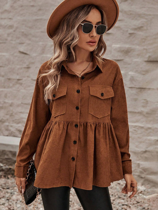 Brown Polo Collar Top for Women, Long Sleeve Button-Down Shirt Vintage Loose Fit Office Blouse