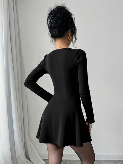 Deep V-Neck Bouffant Hem Dress for Women, Chanel style Knit Long Sleeve Solid Color Mini Dress with Waist Tucking