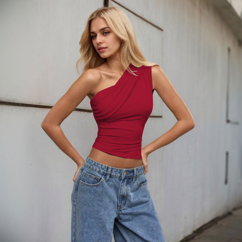 One Shoulder Slash Neck Top for Women, Spring Summer Off Shoulder Slim Fit Sleeveless Blouse