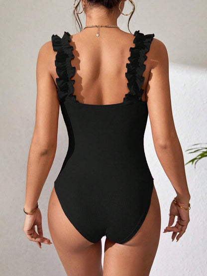 Wide Strap Ruffle Jumpsuit for Women, Solid Color Sleeveless Bodysuit Sexy Layering Top