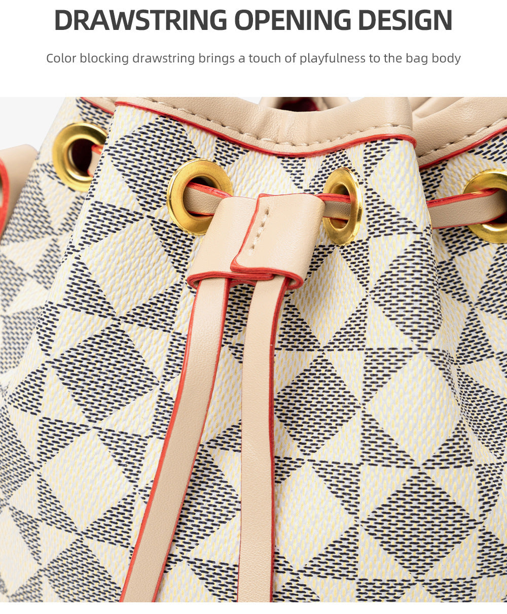 Drawstring Bucket Bag for Women - Adjustable PVC Crossbody Purse, Small Printed Shoulder Bag with Detachable Strap