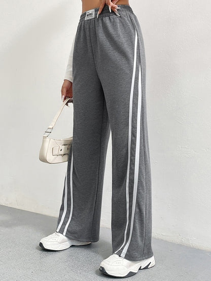 Fall Winter High Waist Sweatpants for Women, Loose Fit Straight Leg Elastic Joggers with Contrast Panel Wide Leg Pants