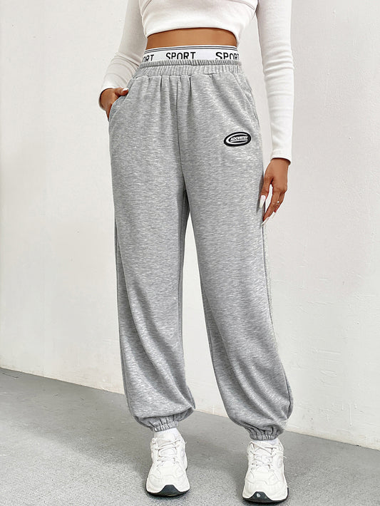 Grey Tapered Sweatpants for Women, Fall Winter Slim Fit Wide Leg Joggers with Elastic Cuff