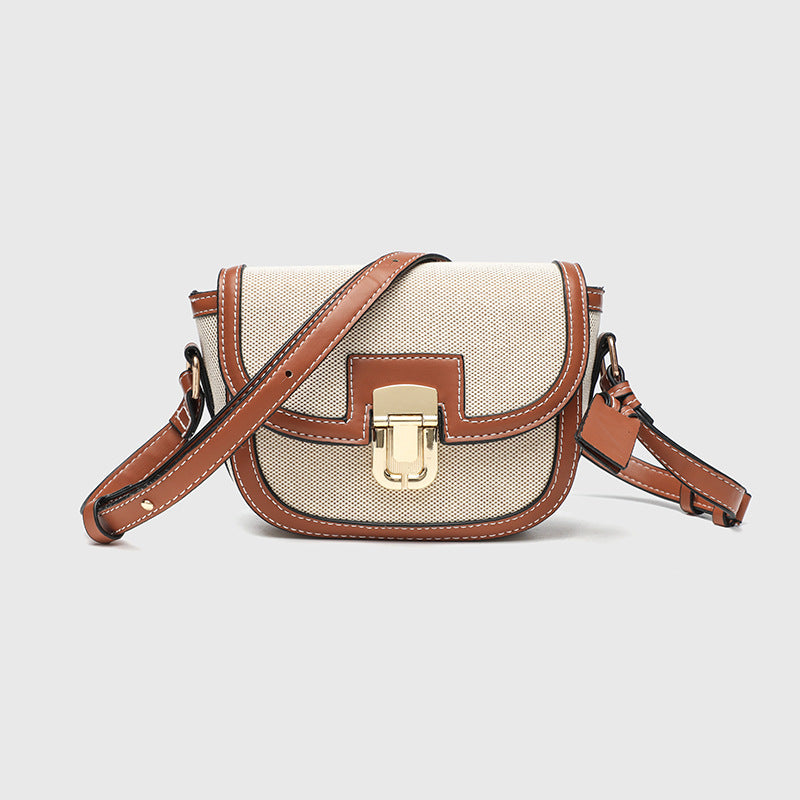 Korean Style Vintage Saddle Bag - Color Block PU Crossbody Bag with Lock, Adjustable Underarm Purse