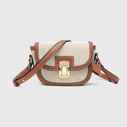 Korean Style Vintage Saddle Bag - Color Block PU Crossbody Bag with Lock, Adjustable Underarm Purse