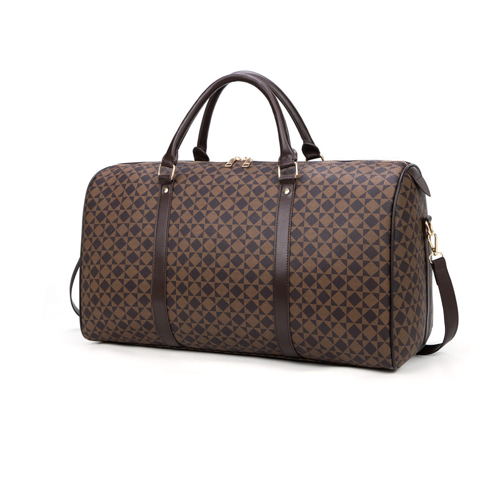 Retro Geometric Print Travel Bag - Large Waterproof PVC Tote with Foldable Design, Unisex Weekender Duffle for Men and Women with Detachable Chain