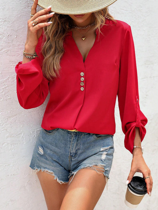 Red V-Neck Pullover Blouse for Women, Sexy Long Sleeve Loose Fit Office Shirt