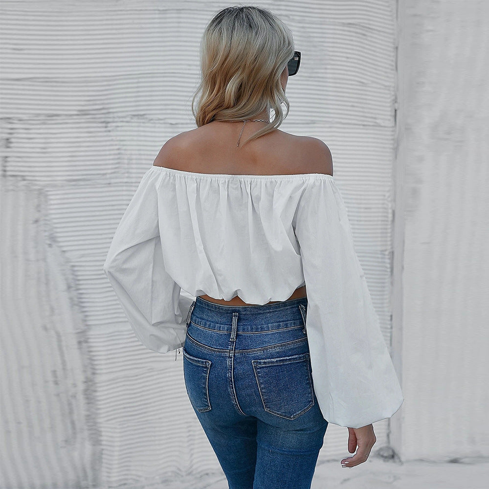White Off Shoulder Blouse for Women, Spring Summer Lantern Sleeve Crop Top Solid Color Office Pullover T Shirt