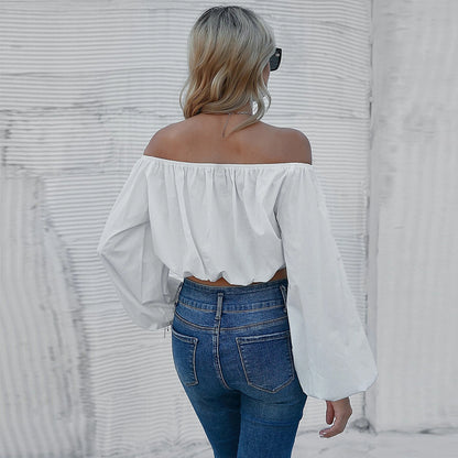 White Off Shoulder Blouse for Women, Spring Summer Lantern Sleeve Crop Top Solid Color Office Pullover T Shirt
