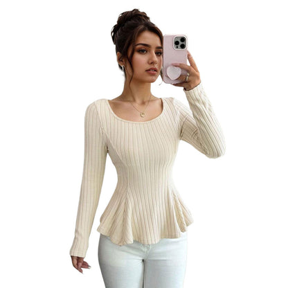 Wide Rib Brushed Knit Top for Women, U-Neck Long Sleeve Slim Fit T-Shirt with Back Waist Tie