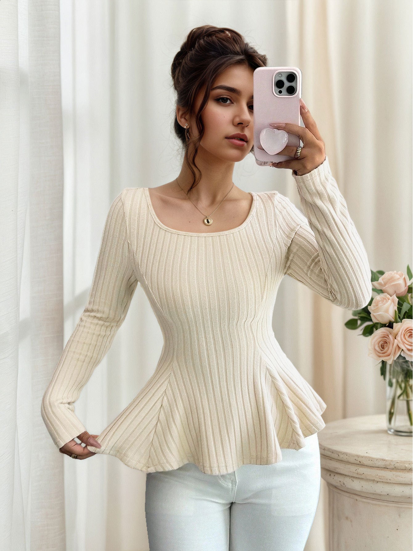 Wide Rib Brushed Knit Top for Women, U-Neck Long Sleeve Slim Fit T-Shirt with Back Waist Tie