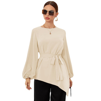 Mid-Length Women's Shirt, Round Neck Puff Sleeve Asymmetrical Hem Blouse with Waist Tucking Design