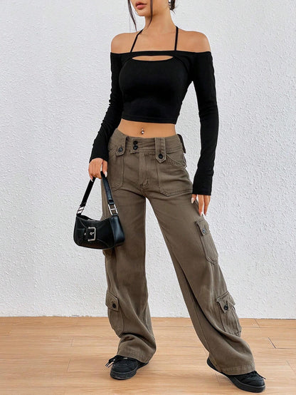 Off Shoulder Cut Out Top for Women, Sexy Slim Fit Cropped Long Sleeve T-Shirt