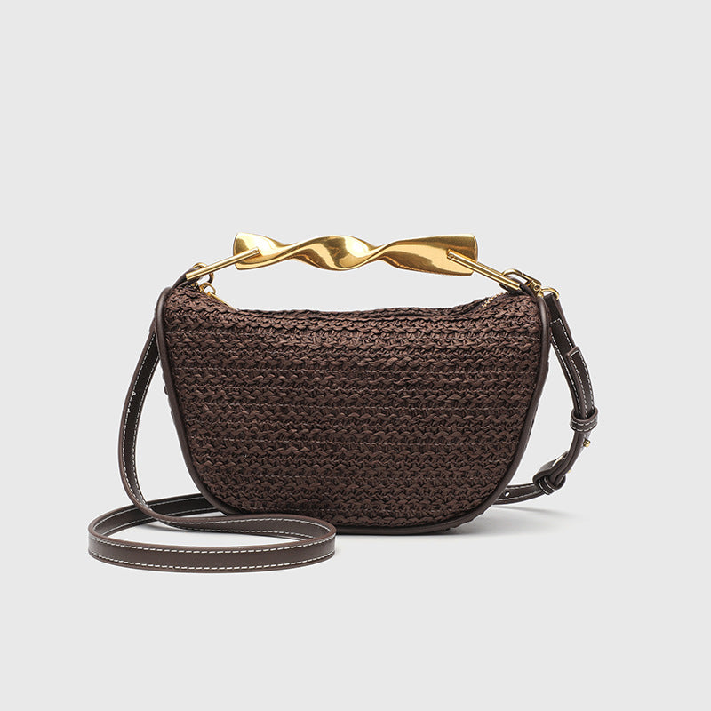 Dumpling Shape Woven Bag - Mini Straw Purse with Zipper Closure, Detachable Shoulder Strap and Metal Handle for Women