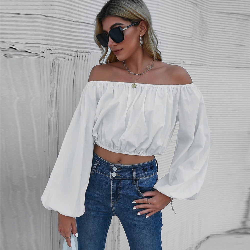 White Off Shoulder Blouse for Women, Spring Summer Lantern Sleeve Crop Top Solid Color Office Pullover T Shirt