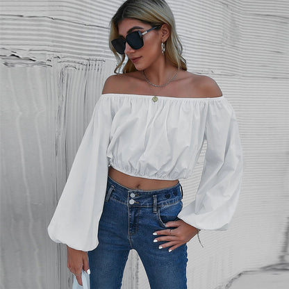 White Off Shoulder Blouse for Women, Spring Summer Lantern Sleeve Crop Top Solid Color Office Pullover T Shirt
