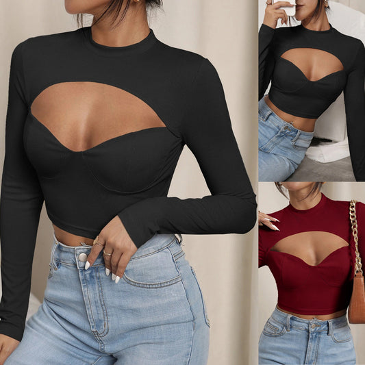 Ribbed Cut Out Turtleneck Top for Women, Sexy Slim Fit Cropped Long Sleeve Spring Summer T Shirt