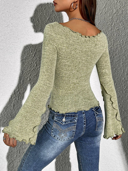 Baby Hem Stitching Edge Bell Sleeve Top for Women, Asymmetric Neck Cropped T-Shirt Fall Winter Elegant Blouse